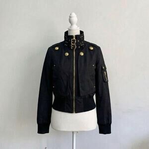 Black High Neck Fitted Jacket Gold Buckles Indie Sleaze Cyber Y2K Goth New